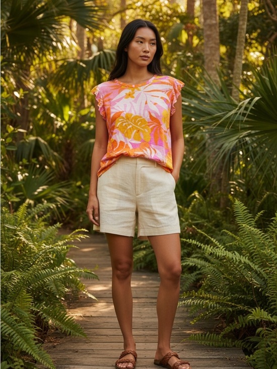 Kim & Cami Tops - Kim & Cami Pink and Orange Tropical Print Short Sleeve Tee